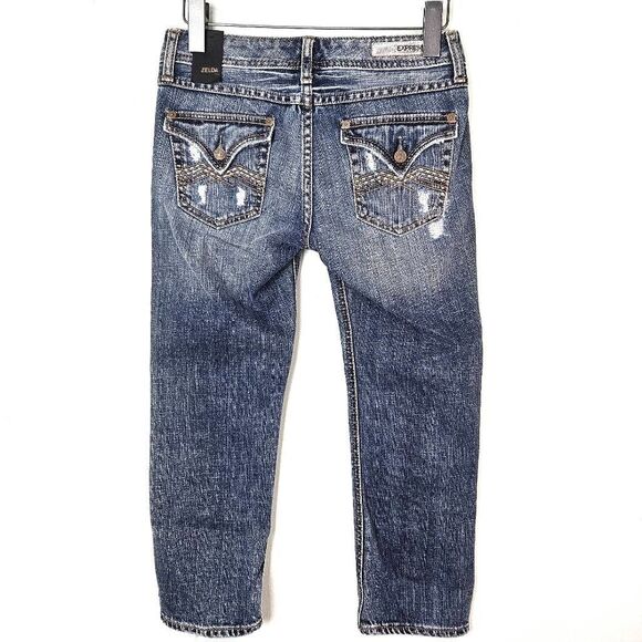 NWT EXPRESS Zelda Low Rise Distressed Stitched Med Wash Whiskered Crop Jeans 00 - Picture 4 of 8